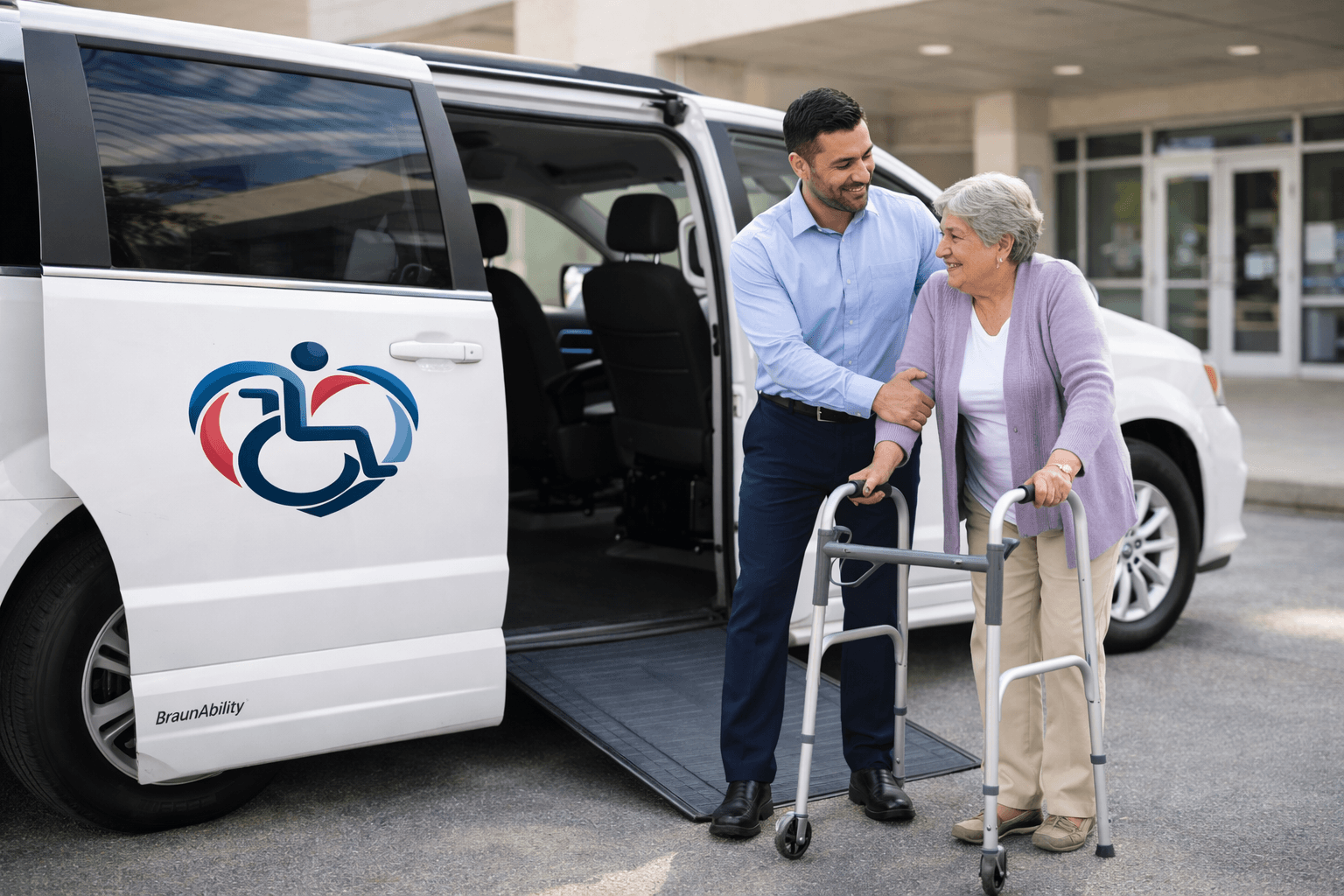 Ambulatory rider with walker receiving steady assistance near a white BraunAbility XT medical transport van.