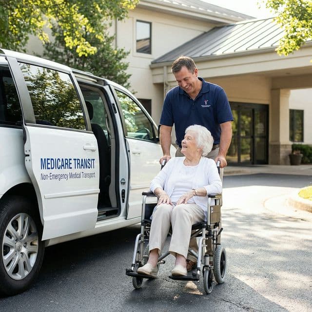 A Medicare Transit driver assisting a seated rider in a wheelchair beside an accessible van marked Non-Emergency Medical Transport.
